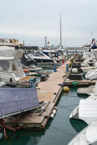 Boats moored at harbor