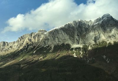 Low angle view of snowcapped mountain against sky