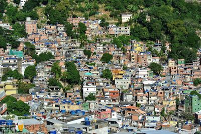 High angle view of residential buildings in town