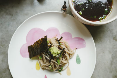 High angle view of pasta in bowl on table