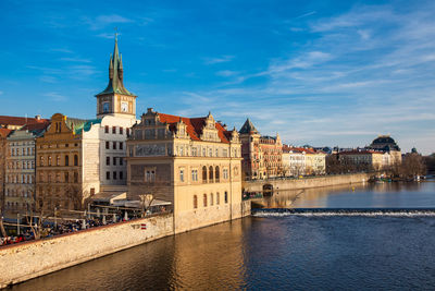 Buildings at waterfront against cloudy sky