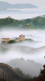 View of great wall of china in fog