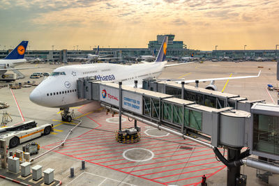 High angle view of airport runway against sky