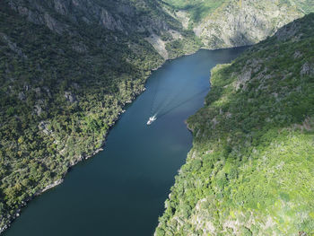 High angle view of sea and mountains