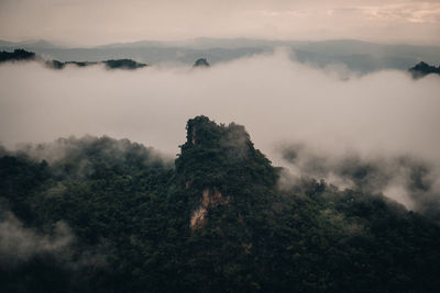 High angle view of trees and mountains against sky