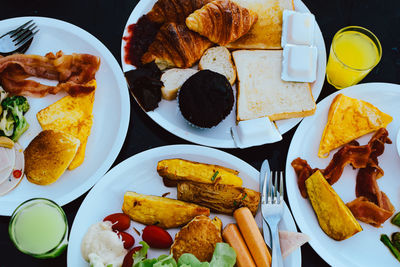 High angle view of breakfast served on table