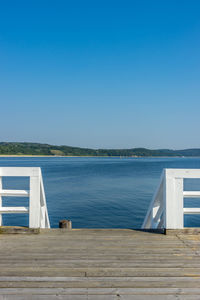 Scenic view of lake against clear blue sky
