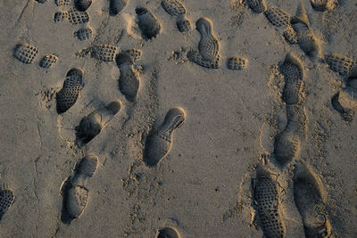 High angle view of footprints on wet sand