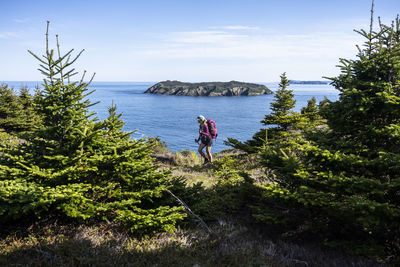 Female backpacker on east coast trail with gull island in background