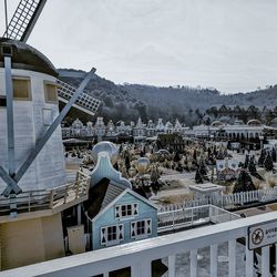 High angle view of buildings against sky during winter