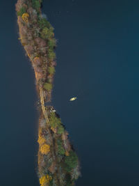 Aerial shot of a forest and lake with boat.