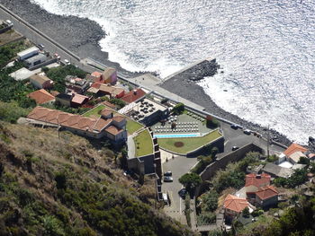 High angle view of houses and buildings in city