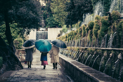 Rear view of people walking on rainy day