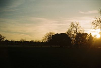 Silhouette trees on landscape against sky at sunset