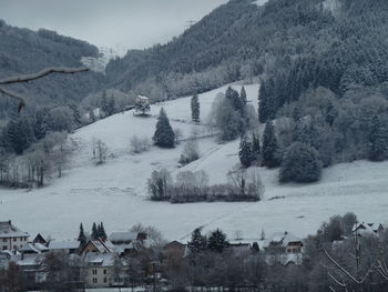 Houses by trees on mountain during winter