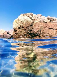 Surface level of rocks by sea against clear blue sky