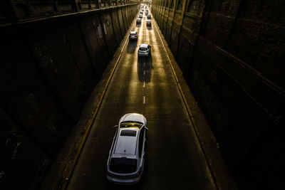 High angle view of man walking on railroad tracks