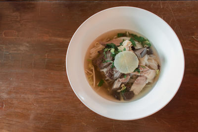 High angle view of soup in bowl on table