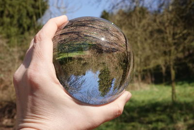 Close-up of hand holding ball on field