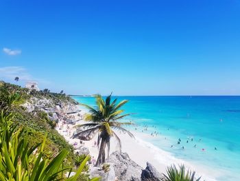 Scenic view of sea against clear blue sky