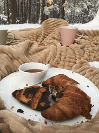 High angle view of breakfast served on table