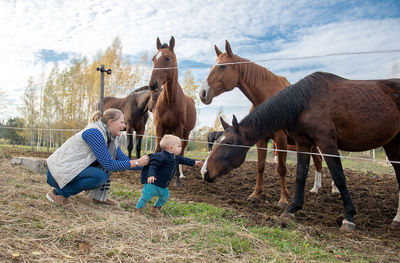 Mother and son playing with horses in ranch