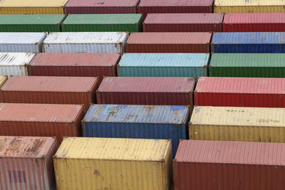 High angle view of cargo containers at commercial dock