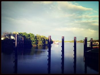 Wooden posts in sea