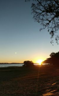 Scenic view of field against clear sky during sunset