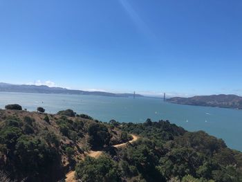 Scenic view of sea against clear blue sky