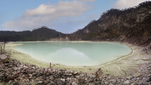 Scenic view of lake against cloudy sky