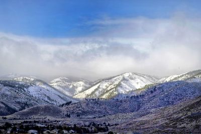 Scenic view of snowcapped mountains against sky