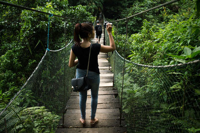 Rear view of woman photographing on footbridge in forest