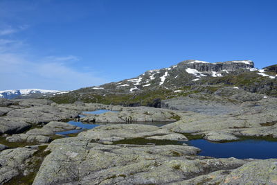 Scenic view of mountains against clear blue sky