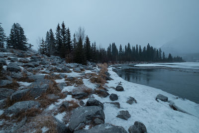 Scenic view of snow covered land against sky