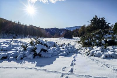 Scenic view of snow covered landscape against sky