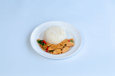 Directly above shot of food in bowl on white background