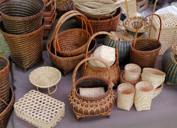 High angle view of wicker basket for sale at market stall
