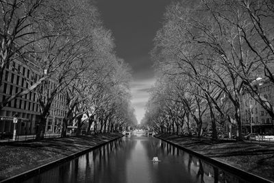 Canal amidst bare trees against sky in city