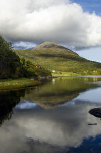 Scenic view of lake by mountains against sky