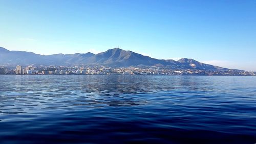 Scenic view of sea against clear blue sky