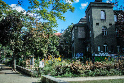 Plants by old building against sky