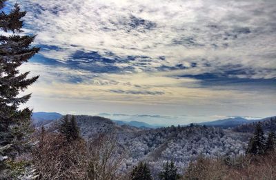 Scenic view of mountains against cloudy sky
