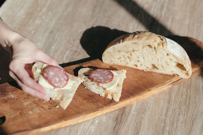 High angle view of breakfast on cutting board