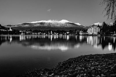 Scenic view of lake by mountain against sky