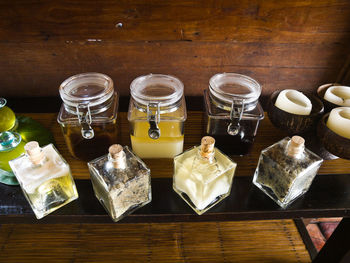 High angle view of food in jars on table