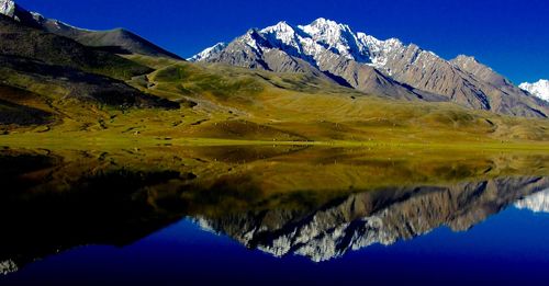 Reflection of snowcapped mountains in lake against blue sky