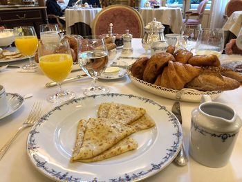 Close-up of breakfast served on table