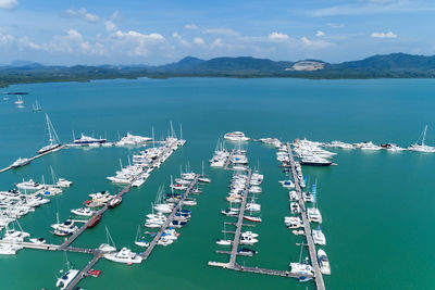 High angle view of commercial dock against sky