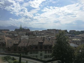 High angle shot of townscape against sky